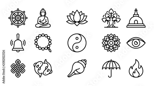 Canvas Print Buddhist Symbols Vector Icons Set, Meditation & Spirituality Icons, Dharma Wheel