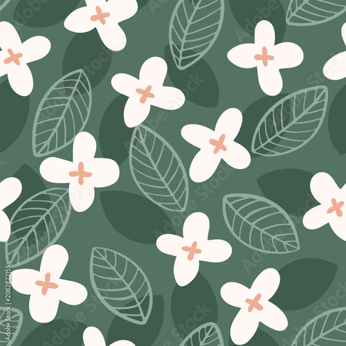 Hand painted flowers and leaf silhouettes tossed foliage as a maximalist floral pattern in colors of white, peach, sage and forest green. Botanical seamless vector pattern. Great for home decor, gifts