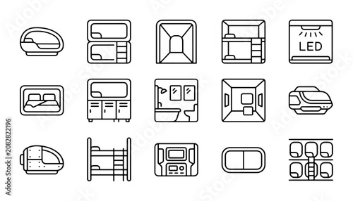 Tableau sur toile Modern Capsule Hotel Pods, Bunk Beds, and Rooms Vector Icons Set