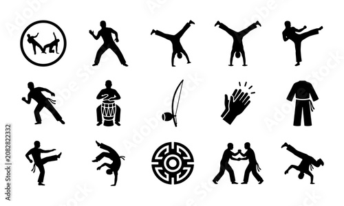 Bild auf Leinwand Capoeira Icons Set, Martial Arts Silhouettes, Acrobatics Dance, Brazilian Cultur