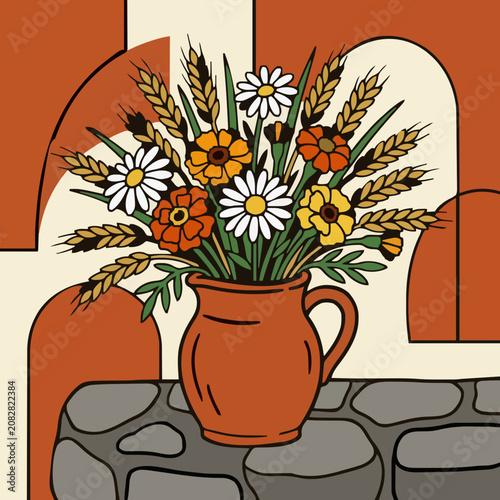 Colorful bouquet of daisies marigolds and wheat in a rustic jug on a stone table