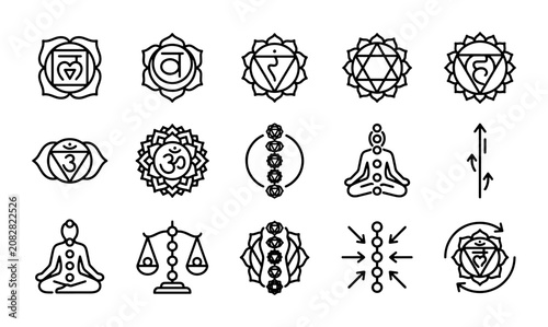 Foto Chakra Symbols Vector Icons, Meditation & Yoga Poses, Spiritual Energy Icons Set