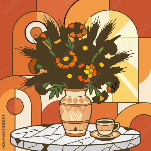 Vibrant marigolds and daisies in decorative vase on mosaic table with coffee cup