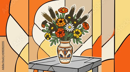 Colorful bouquet of marigolds daisies and wheat in vase on table