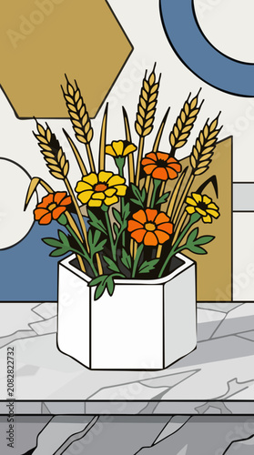 Vibrant bouquet of orange and yellow flowers with wheat stalks in white vase on marble surface