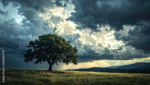 A lone tree stands in a field beneath a dramatic, stormy sky, sunlight breaking through