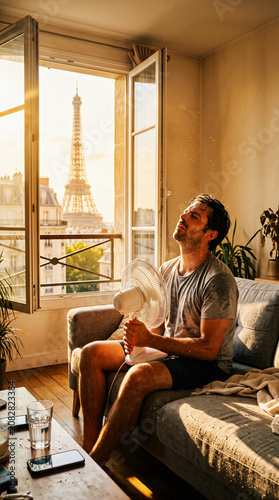 A young man, sweating and suffering from the intense summer heat in a Parisian apartment, holds an electric fan to cool himself, while the main landmark of Paris is visible through the open window.