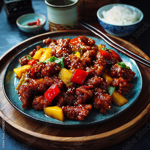 Sweet and Sour Pork with vegetables  on the plate, Chinese foods 