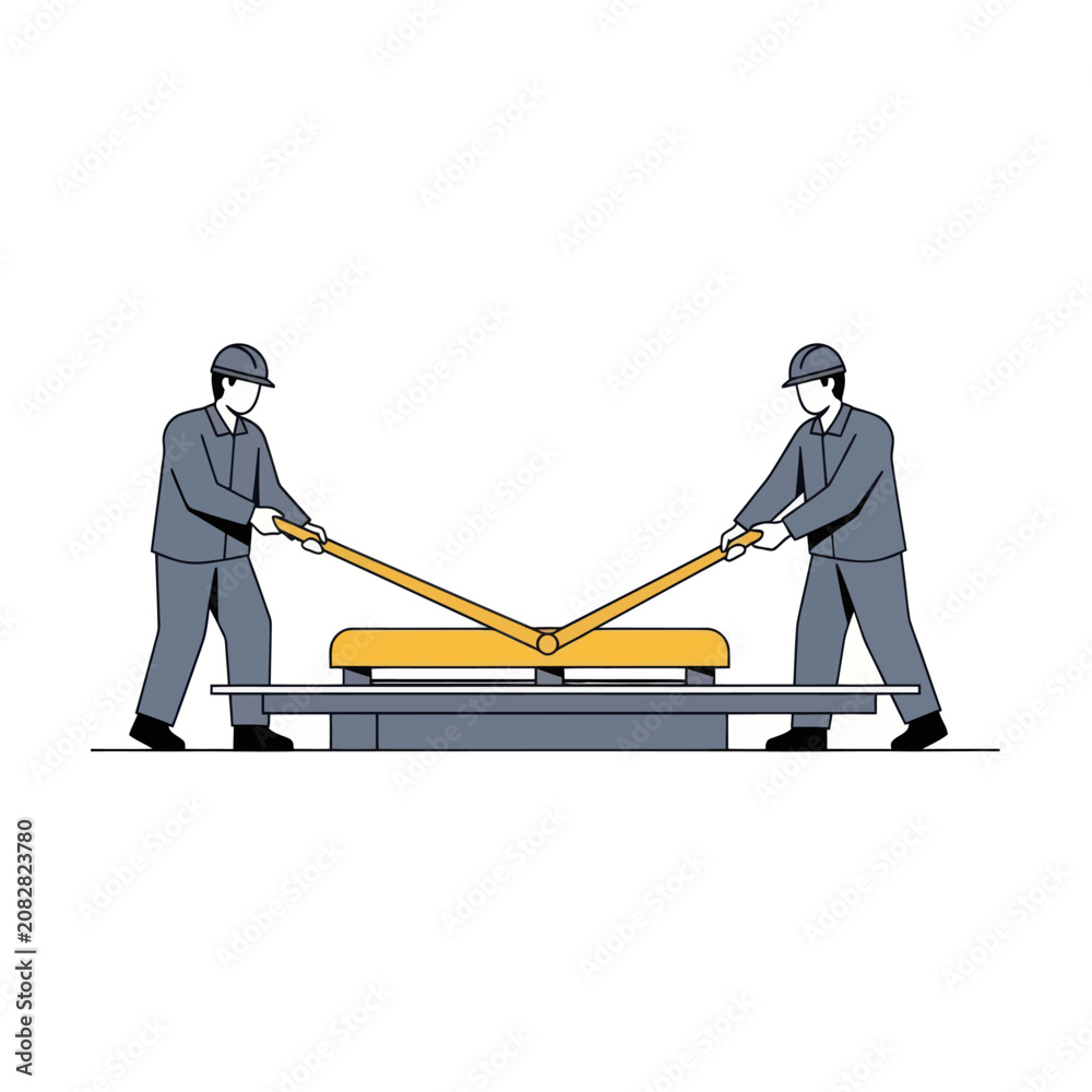Fotografie Two workers operating heavy industrial clamping press