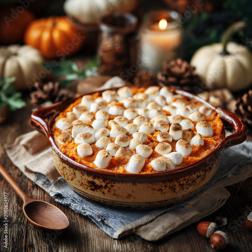Sweet potato casserole with marshmallows, fall cooking, Thanksgiving festival day dessert on table with decorations.