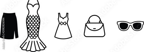 Fotografie Black and white fashion icons including dress skirt purse and sunglasses