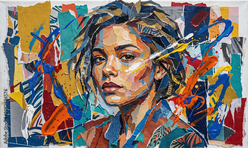 Colorful abstract portrait painting of a woman with expressive brushstrokes and geometric textures, showcasing modern art, creativity, and vibrant emotional expression.