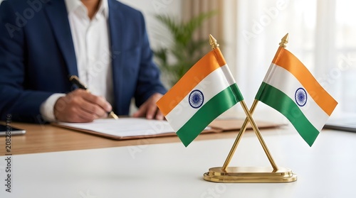 Independence day india indian flags on a desk with a businessman in the background signing documents in an office setting with a plant