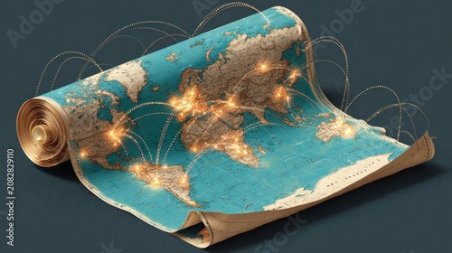 Rolled world map, glowing connections