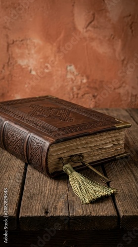 Antique leather book with vintage key and tassel