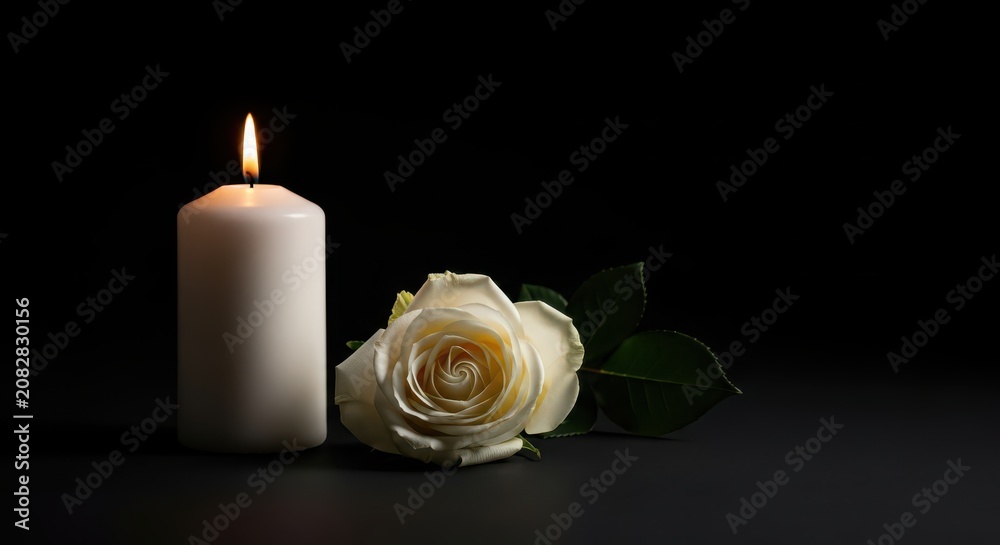 Fototapeta premium Sympathy and Condolence Concept with a Lit White Candle and a Single White Rose on Dark Background