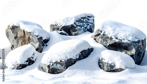 Snow covered rocks in winter landscape outdoor scene