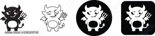 Bild auf Leinwand Mischievous little cartoon devil with pitchfork and trident vector character set