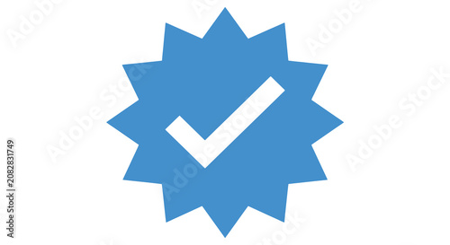 Fotografía Blue starburst shape with white checkmark flat vector icon on white background