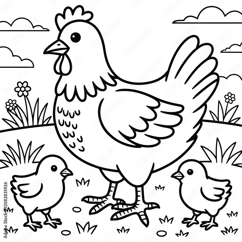 Fototapeta premium Cute hen and chicks in a grassy field with flowers, perfect for children's coloring pages.