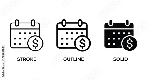 Financial calendar icon set with dollar sign stroke outline and solid styles