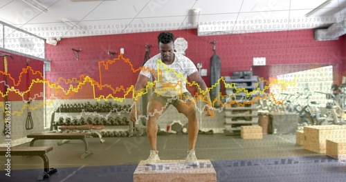 Athlete stepping off plyo box, doing single-leg stepups then jumping, chart overlay showing fitness