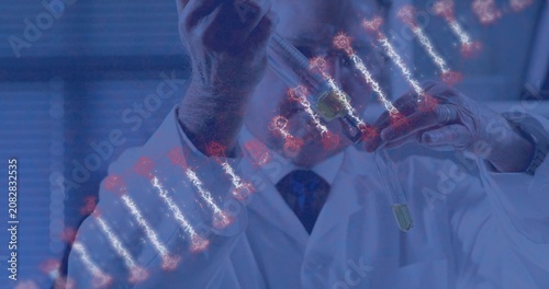 Senior scientist pipetting to vial, adjusting tip and dispensing for genetics, DNA helix overlaying