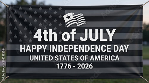 Black and white 4th of July banner with US flag.