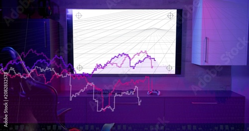 Wall-mounted display powering on and projecting waveform grid across gaming desk to visualize audio