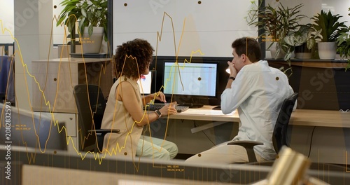 Woman holding jar, man sampling product for sales, both checking sheet while yellow line overlaying
