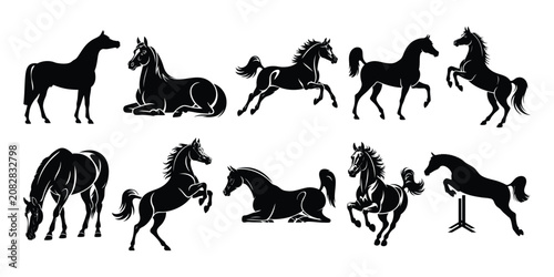 Arabian Horse Silhouettes Set, Vector Graphics, Isolated Black Stallion & Mare Clip Art.