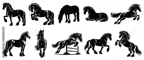 Friesian Horse Silhouettes Set, Vector Graphic Isolated Black Stallion Clip Art.
