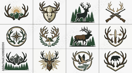 Dynamic Hunting and Forestry Themed Antler Emblems with Symbolic Icons and Nature Elements in Earthy Tones