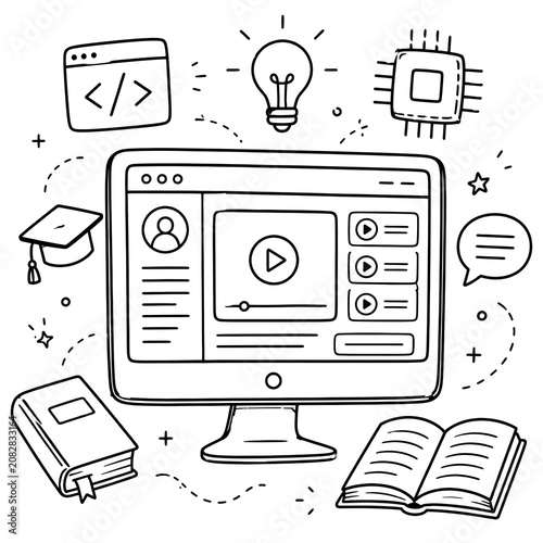 Hand drawn doodle of online education and e-learning featuring a computer monitor, books, graduation cap, and lightbulb