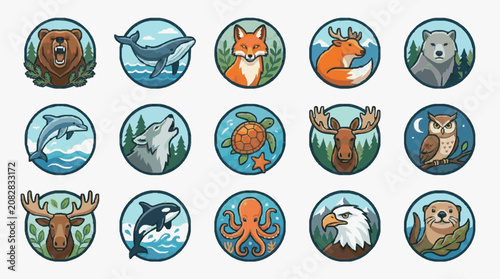 Dynamic Illustrated Animal Icons Set Featuring Vibrant Wildlife in Circular Frames with Nature Elements