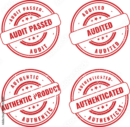 Tableau sur toile Four circular red rubber stamps depicting audit passed audited authentic product