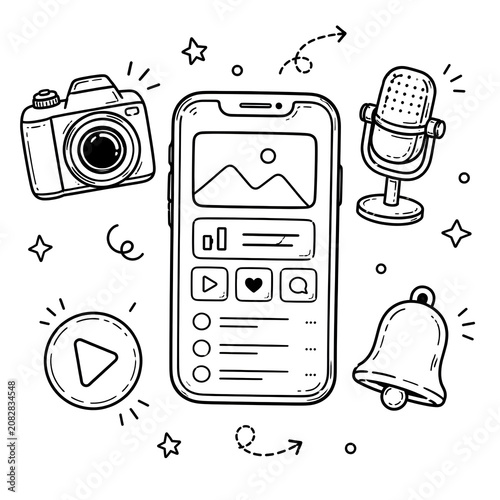 Hand drawn doodle of social media creation featuring a smartphone, camera, microphone, play button, and bell
