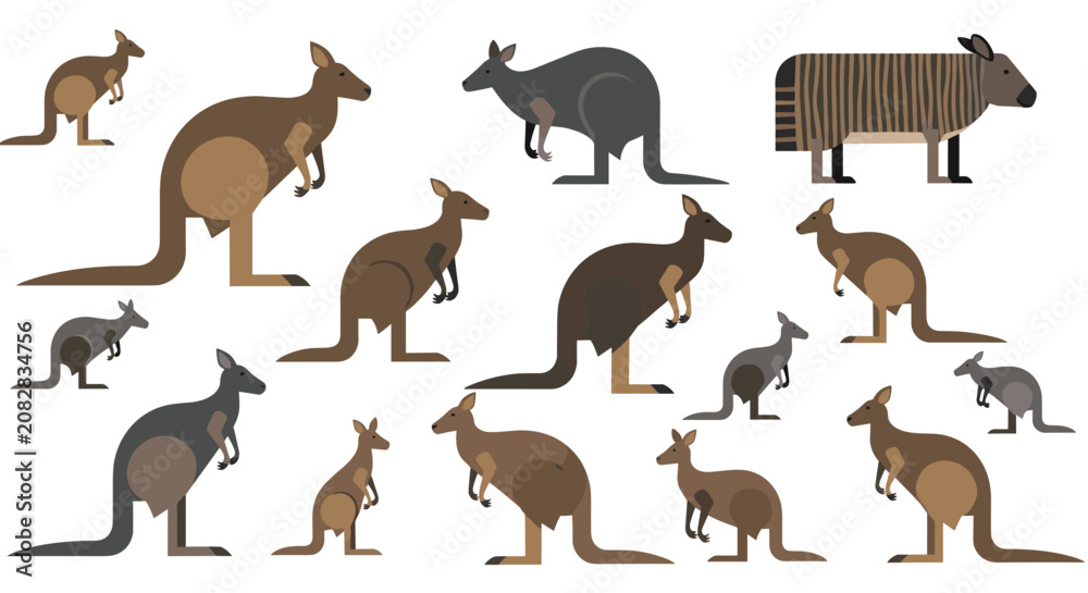 Obraz premium Large collection of brown and grey kangaroo silhouettes in different poses and sizes on a plain white background.