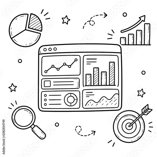 Digital marketing and data analytics doodle set with a dashboard, pie chart, bar graph, magnifying glass, and target