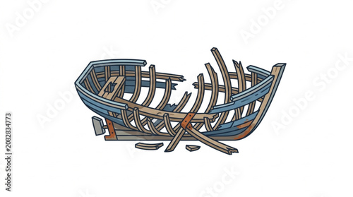 Fotografía Broken wooden boat skeleton illustration isolated on white background