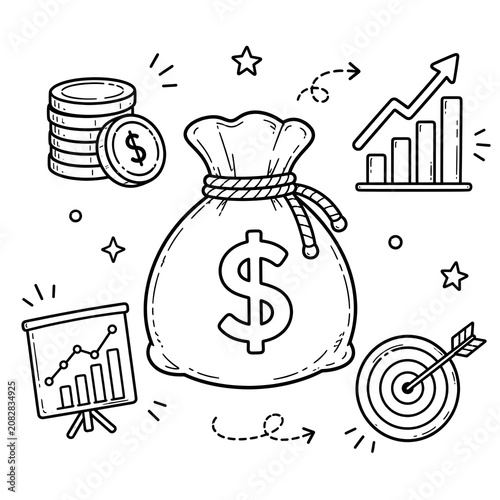 Business and finance doodle set with a money bag, stack of coins, growth bar chart, line graph, and a target with an arrow