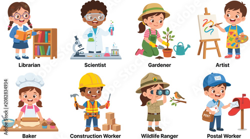 Fotografie Children Exploring Community Careers with Librarian Scientist Gardener Artist Ba