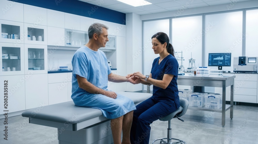 Fototapeta premium Medical Professional Examines Patient During Consultation In Modern Exam Room