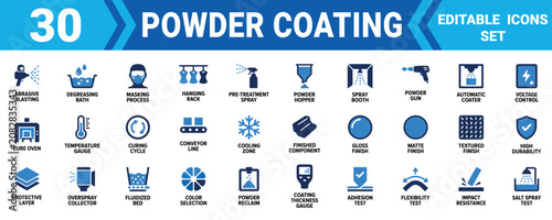 Foto Set of 30 powder coating industrial process icons representing manufacturing technology and finish steps Minimal solid fill icon set bundle collection