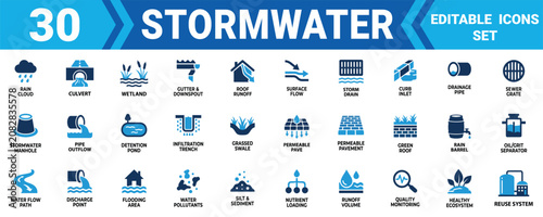 Tableau sur toile Set of 30 stormwater drainage and water management icons for urban infrastructure and environmental design Minimal solid fill icon set bundle collection