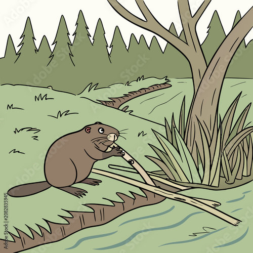 Fényképezés Beaver gnawing on a tree branch near a river with mountains in the background, m