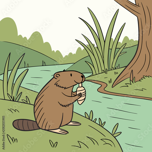 Fotografie Brown beaver gnawing on a tree branch near a pond with beaver dam beaver lodge w
