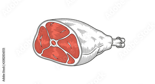 Detailed hand drawn engraving style illustration of a raw ham leg or cured prosciutto meat on a white background.