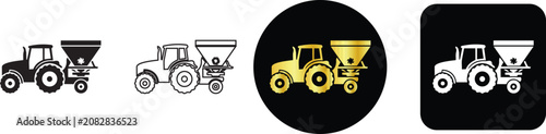 Fényképezés Tractor with fertilizer seeder spreader agricultural vehicle icon set in gold lu