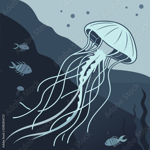 Quadro su tela Jellyfish swimming in the deep ocean with small fish around deep sea deep water
